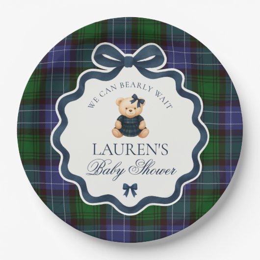 Preppy Coquette Bow Bear Plaid Baby Shower Papieren Bordje (Voorkant)