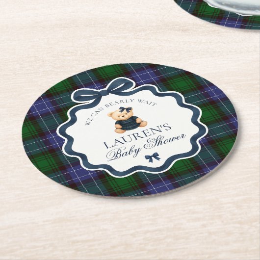Preppy Coquette Bow Bear Plaid Baby Shower  Ronde Kartonnen Onderzetter (Gebogen)