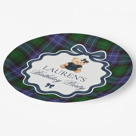 Preppy Coquette Bow Bear Plaid Birthday Papieren Bordje (Gekanteld)