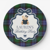 Preppy Coquette Bow Bear Plaid Birthday Papieren Bordje (Voorkant)