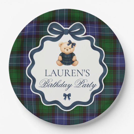 Preppy Coquette Bow Bear Plaid Birthday Papieren Bordje (Voorkant)