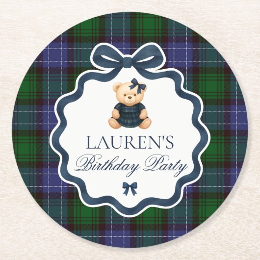 Preppy Coquette Bow Bear Plaid Birthday  Ronde Kartonnen Onderzetter (Voorkant)