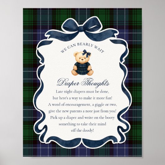 Preppy Coquette Bow Bear Plaid Diaper Thoughts Poster (Voorkant)