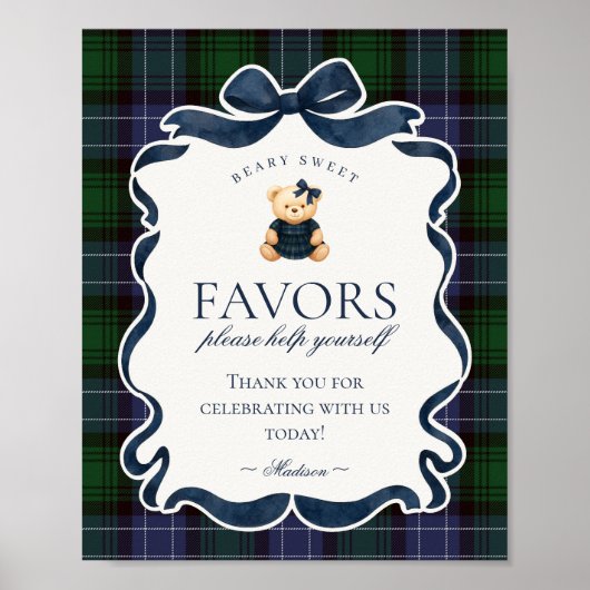 Preppy Coquette Bow Bear Plaid Party Favors Sign Poster (Voorkant)