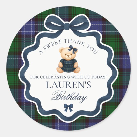 Preppy Coquette Bow Bear Tartan Birthday Favor Ronde Sticker (Voorkant)