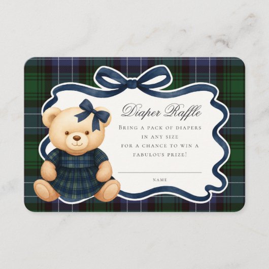 Preppy Coquette Bow Bear Tartan Diaper Raffle Card Informatiekaartje (Voorkant)