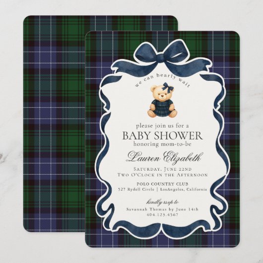 Preppy Coquette Bow Bear Tartan Plaid Baby Shower Kaart (Voorkant / Achterkant)