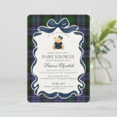 Preppy Coquette Bow Bear Tartan Plaid Baby Shower Kaart (Staand voorkant)