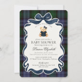 Preppy Coquette Bow Bear Tartan Plaid Baby Shower Kaart (Voorkant)