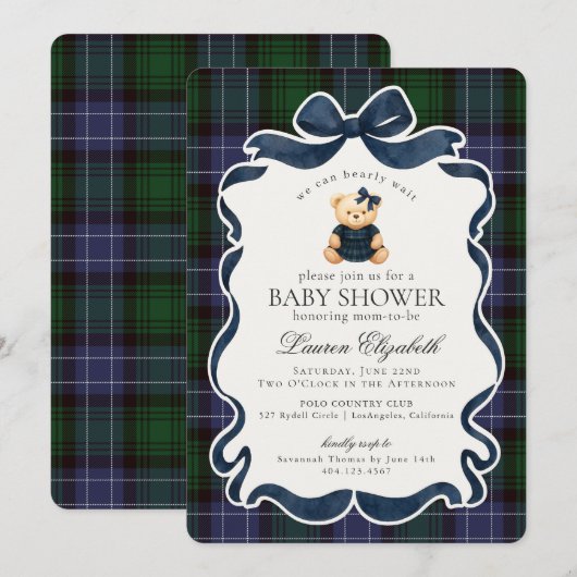 Preppy Coquette Bow Bear Tartan Plaid Baby Shower Kaart (Voorkant / Achterkant)