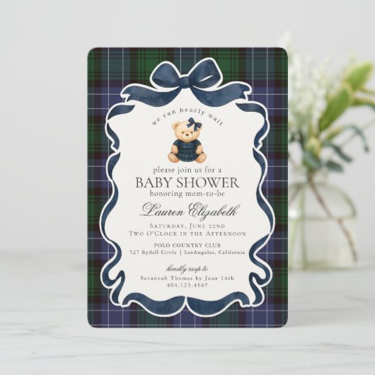 Preppy Coquette Bow Bear Tartan Plaid Baby Shower Kaart (Staand voorkant)