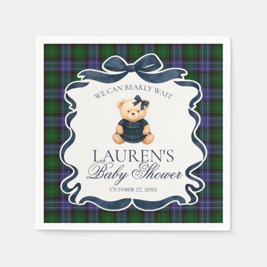 Preppy Coquette Bow Bear Tartan Plaid Baby Shower Servet (Voorkant)