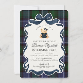 Preppy Coquette Bow Bear Tartan Plaid Birthday Kaart