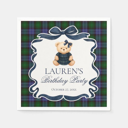Preppy Coquette Bow Bear Tartan Plaid Birthday Servet (Voorkant)