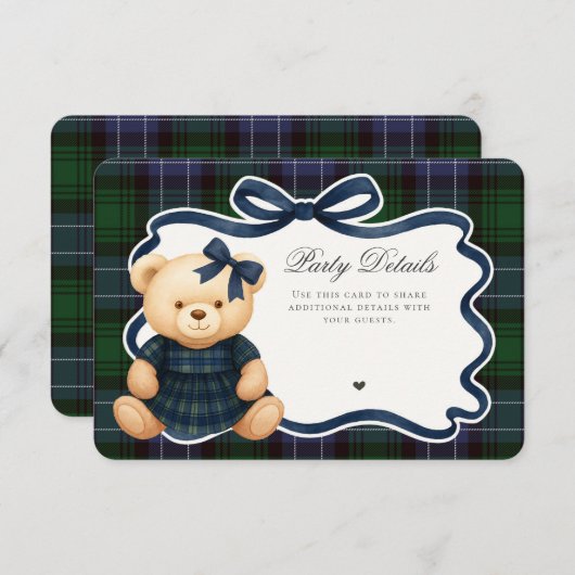 Preppy Coquette Bow Bear Tartan Plaid Details Card Informatiekaartje (Voorkant / Achterkant)
