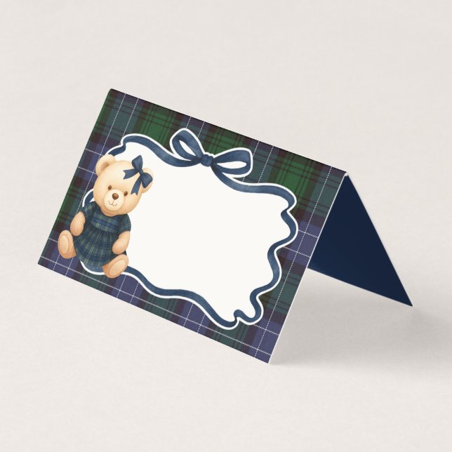 Preppy Coquette Bow Bear Tartan Plaid Place Card Kaart (Voorkant)