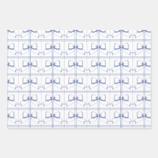 Preppy Coquette Bow Dusty Blue Line Drawn Wrapping Inpakpapier Vel (Voorkant)