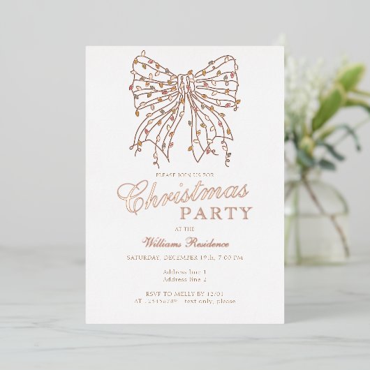 Preppy Coquette Bow Winter Christmas Lights Party Folie Uitnodiging (Staand Voorkant)