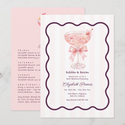 Preppy Coquette Bubbles & Besties Bachelorette Kaart (Voorkant / Achterkant)