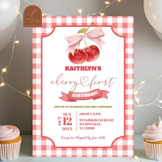 Preppy Coquette Cherry op top eerste verjaardag me Kaart