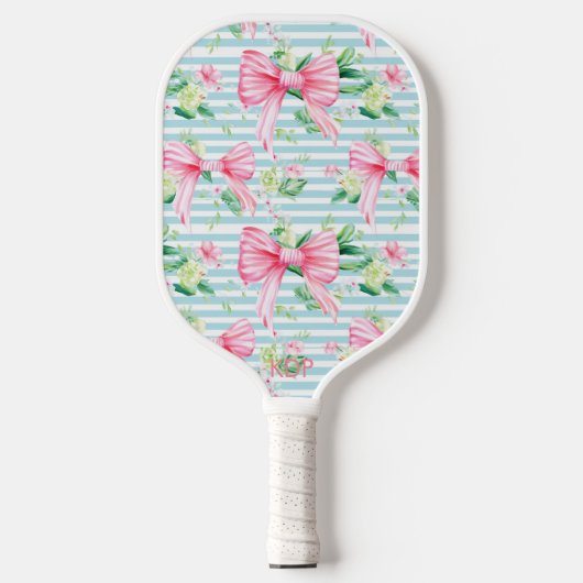 Preppy Coquette Roze Bows Blauwe Streep Monogram Pickleball Paddle (Voorkant)