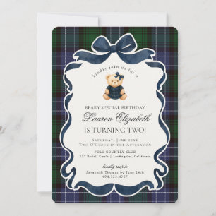 Preppy Coquette Strikje Beer Schotse Plaid Verjaar Kaart