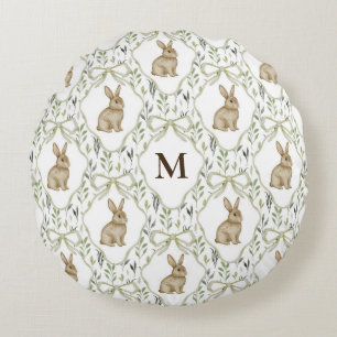 Preppy Coquette Watercolor Konijn Custom Monogram Rond Kussen