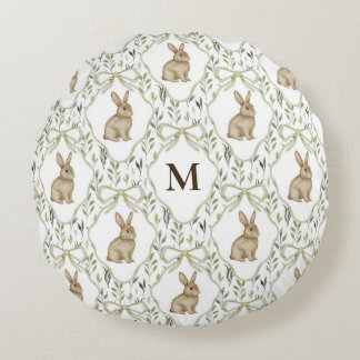 Preppy Coquette Watercolor Konijn Custom Monogram Rond Kussen