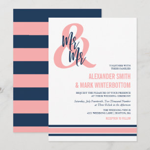 Preppy Coral & Navy Mr & Mr Wedding Kaart