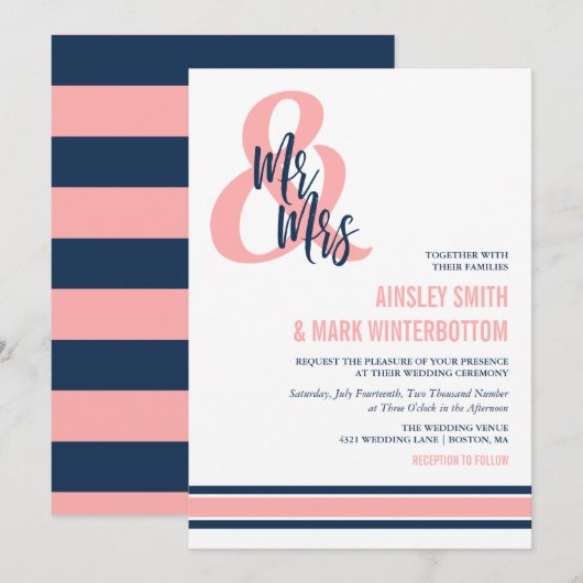 Preppy Coral & Navy Mr & Mrs Wedding Kaart (Voorkant / Achterkant)