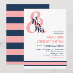 Preppy Coral & Navy Mr & Mrs Wedding Kaart