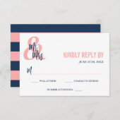 Preppy Coral & Navy Mr & Mrs Wedding RSVP (Voorkant / Achterkant)