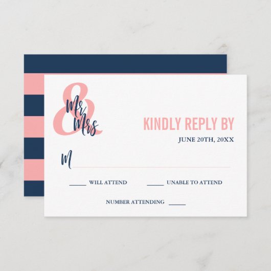 Preppy Coral & Navy Mr & Mrs Wedding RSVP (Voorkant / Achterkant)