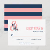 Preppy Coral & Navy Mr & Mrs Wedding RSVP Kaartje (Voorkant / Achterkant)
