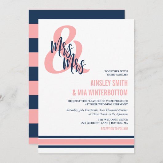 Preppy Coral & Navy Mrs. & Mrs Wedding Kaart (Voorkant / Achterkant)