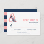 Preppy Coral & Navy Mrs. & Mrs Wedding RSVP (Voorkant / Achterkant)