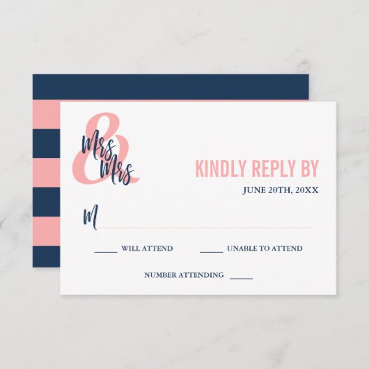 Preppy Coral & Navy Mrs. & Mrs Wedding RSVP (Voorkant / Achterkant)