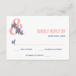 Preppy Coral & Navy Mrs. & Mrs Wedding RSVP Kaartje