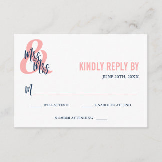 Preppy Coral & Navy Mrs. & Mrs Wedding RSVP Kaartje