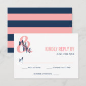 Preppy Coral & Navy Mrs. & Mrs Wedding RSVP Kaartje (Voorkant / Achterkant)