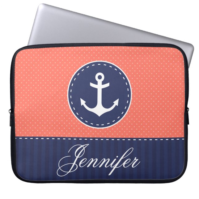 Preppy Coral Navy Nautical Anchor Custom Name Laptop Sleeve (Voorkant)