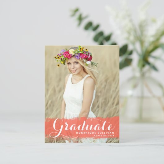 Preppy Coral Waterverf Overlay Foto Afstuderen Aankondigingskaart (Staand voorkant)