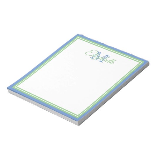 Preppy Cornflower Blue en Sage Green Monogram Notitieblok (Linkerzijde)
