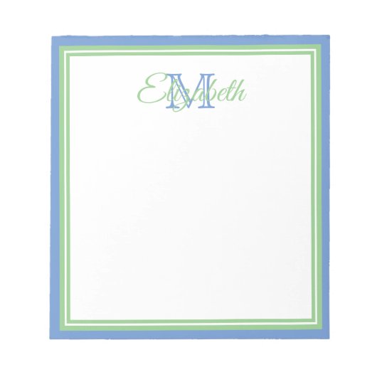 Preppy Cornflower Blue en Sage Green Monogram Notitieblok (Voorkant)