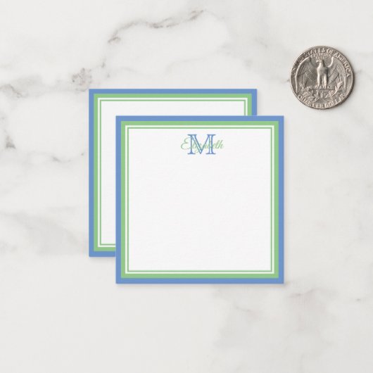 Preppy Cornflower Blue en Sage Green Monogram Notitiekaartje (Voorkant / Achterkant in situ)
