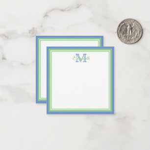 Preppy Cornflower Blue en Sage Green Monogram Notitiekaartje