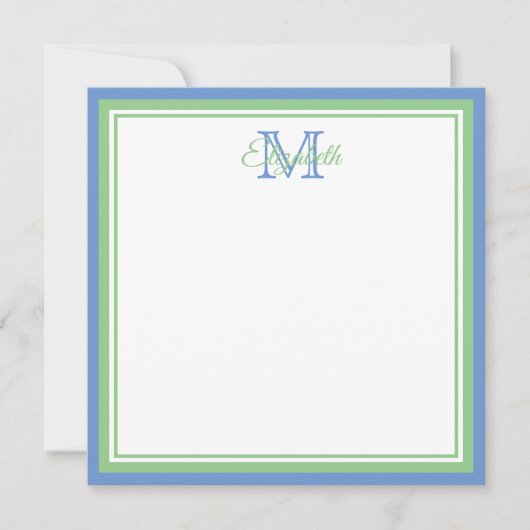 Preppy Cornflower Blue en Sage Green Monogram Notitiekaartje (Voorkant)