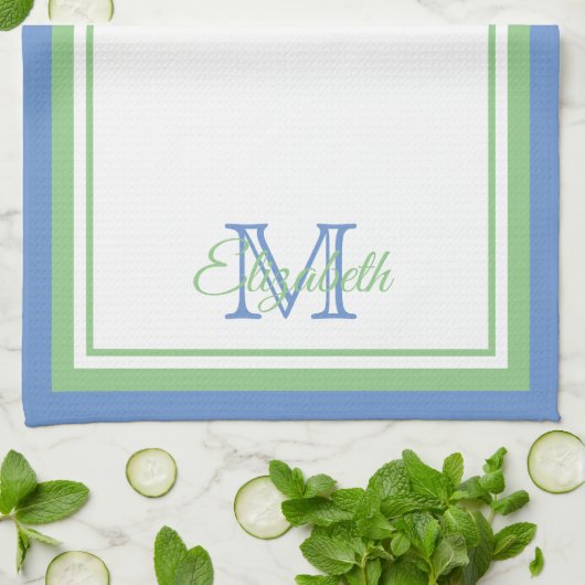 Preppy Cornflower Blue en Sage Green Monogram Theedoek (Gevouwen)