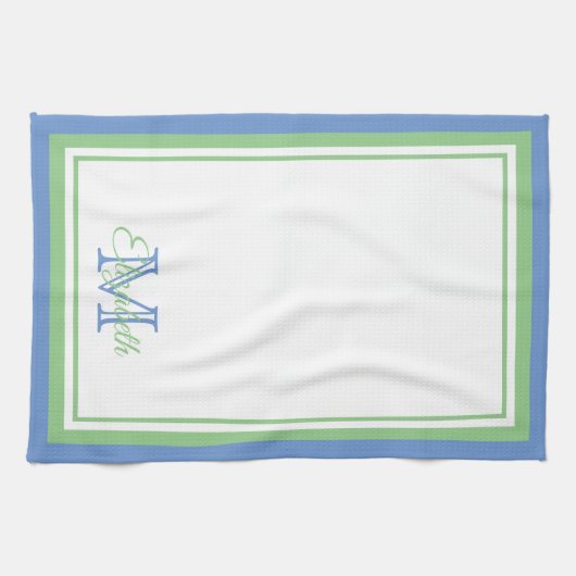 Preppy Cornflower Blue en Sage Green Monogram Theedoek (Horizontaal)