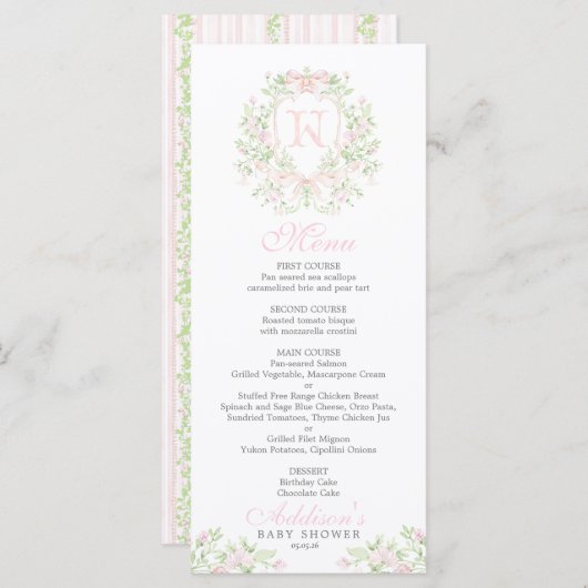 Preppy Crest Baby Shower Menu (Voorkant / Achterkant)